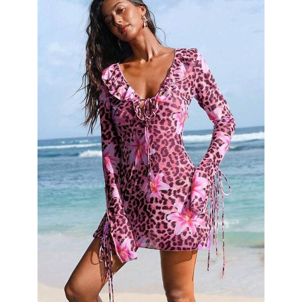 Zaful Pink Leopard Floral‎ Mesh Cover Up Dress Long Sleeve Lace Up XL NWOT